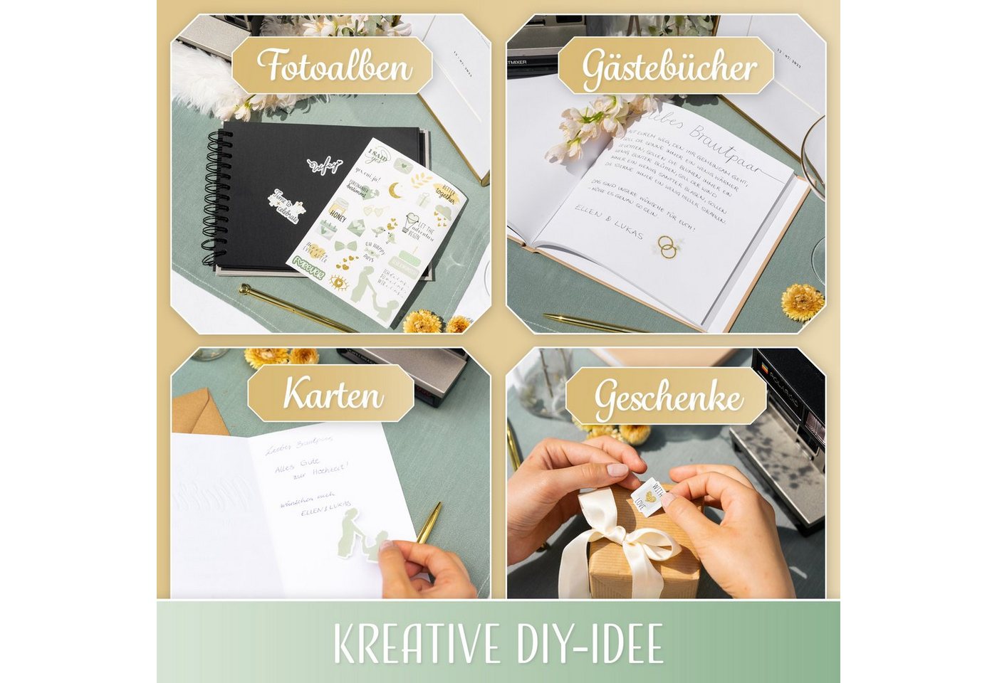Amari Aufkleber Hochzeitssticker 168 Motive mit Goldglitzer für Gästebuch & Fotoalbum, (Stickerset, 168tlg), 7 Bögen A5, auch auf dunklem Papier sichtbar, gestaltet in Deutschland Bild 3