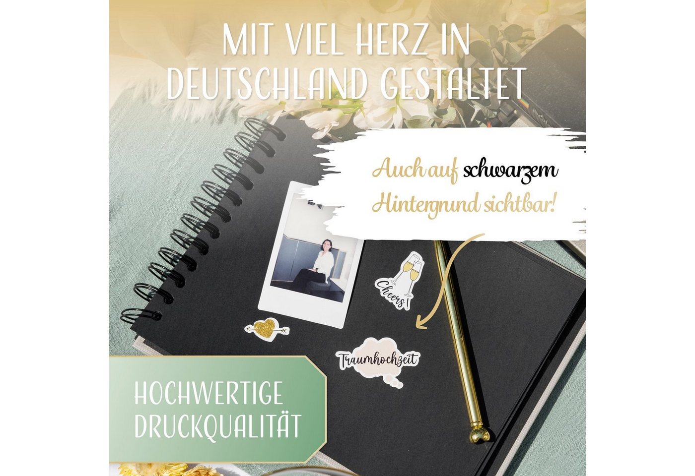 Amari Aufkleber Hochzeitssticker 168 Motive mit Goldglitzer für Gästebuch & Fotoalbum, (Stickerset, 168tlg), 7 Bögen A5, auch auf dunklem Papier sichtbar, gestaltet in Deutschland Bild 4
