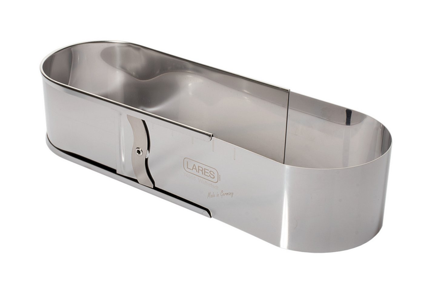 LARES Backform ovaler Backrahmen - Klein mit Klemmung - 27-40x11x6 cm - aus Edelstahl, zum Backen von leckeren Kuchen und vielem mehr - Made in Germany