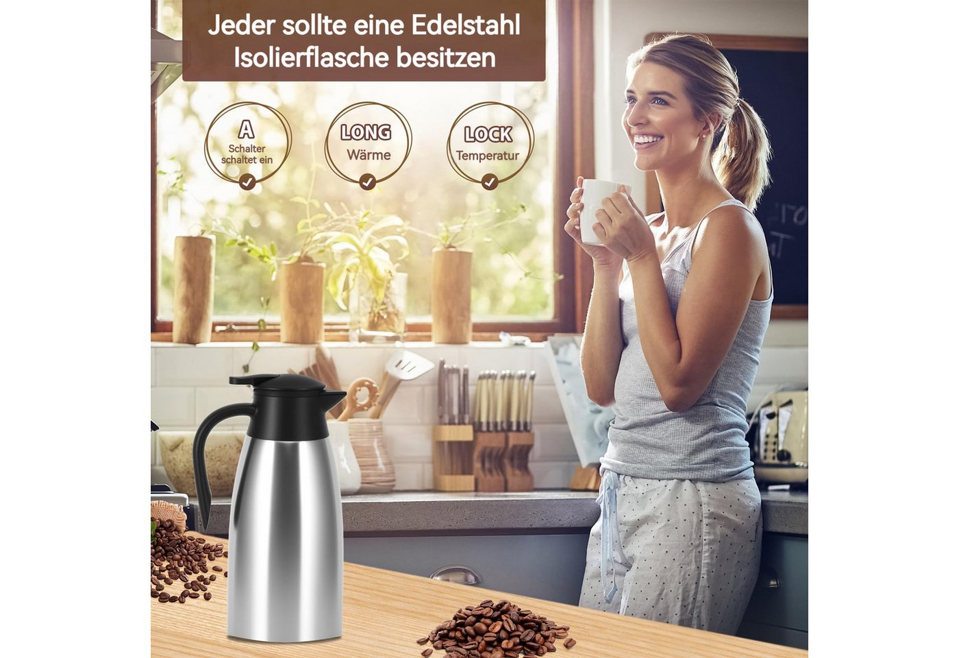 BlingBin Isolierkanne 2,1L Thermoskanne Edelstahl Doppelwandige Vakuumisolierung Kaffeekanne, 2.1 l, (304 Edelstahl Isolierte Isolierkanne, 1-St., Thermoskanne 29 × 13 cm), 24 Stunden Wärmedämmung,für Wasserkocher,Teekannen und Kaffeemaschinen