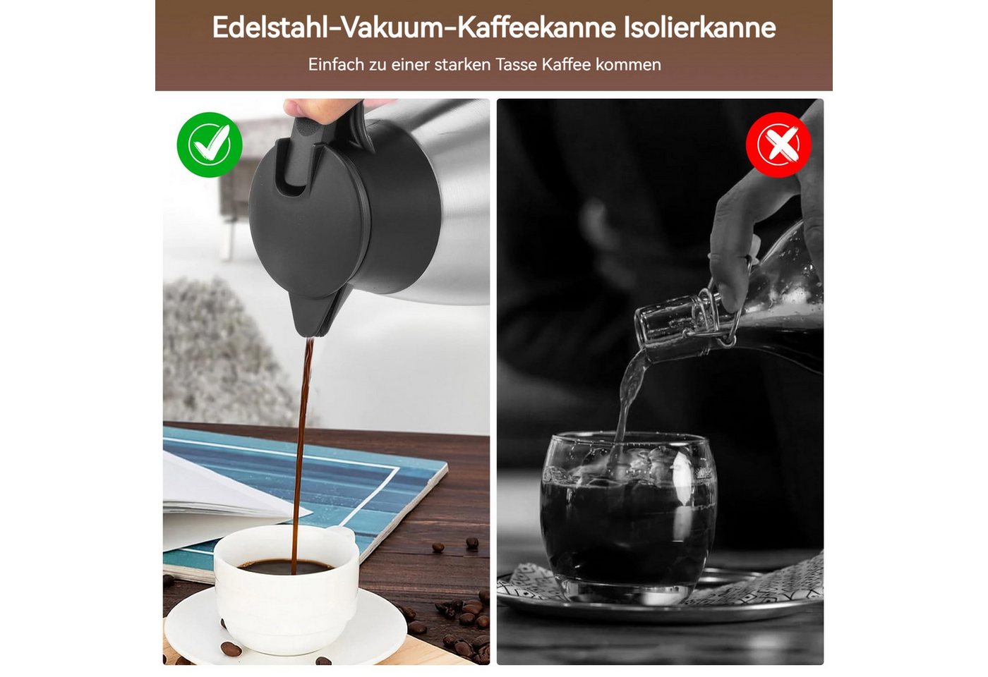 BlingBin Isolierkanne 2,1L Thermoskanne Edelstahl Doppelwandige Vakuumisolierung Kaffeekanne, 2.1 l, (304 Edelstahl Isolierte Isolierkanne, 1-St., Thermoskanne 29 × 13 cm), 24 Stunden Wärmedämmung,für Wasserkocher,Teekannen und Kaffeemaschinen Bild 3