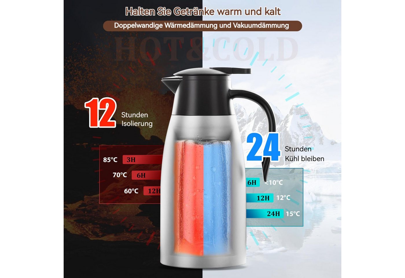 BlingBin Isolierkanne 2,1L Thermoskanne Edelstahl Doppelwandige Vakuumisolierung Kaffeekanne, 2.1 l, (304 Edelstahl Isolierte Isolierkanne, 1-St., Thermoskanne 29 × 13 cm), 24 Stunden Wärmedämmung,für Wasserkocher,Teekannen und Kaffeemaschinen Bild 4