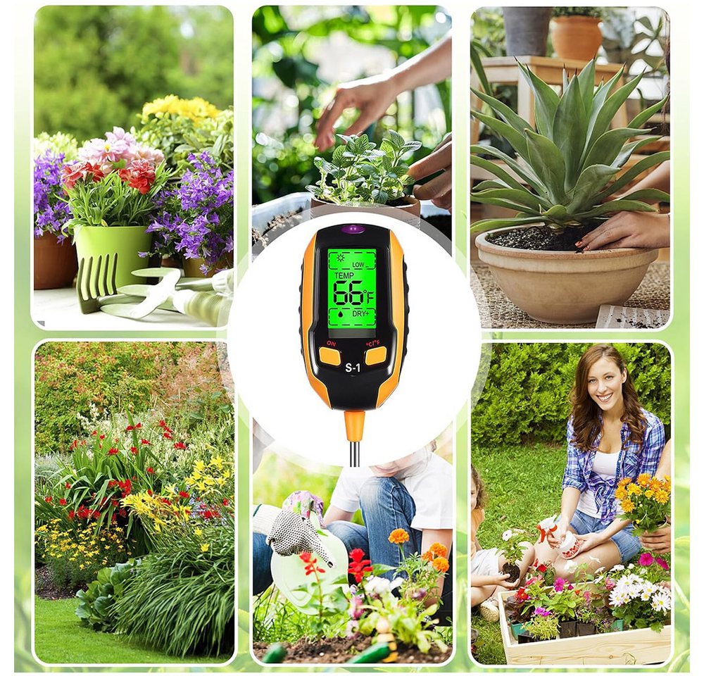 AFKSMILE Feuchtigkeitsmesser 4-in-1 Bodenmessgerät Digital, LCD Bodenfeuchtemessgerät, Bodentester für pH-Wert, Bodenfeuchtigkeit, Temperatur & Sonnenlicht Bild 4