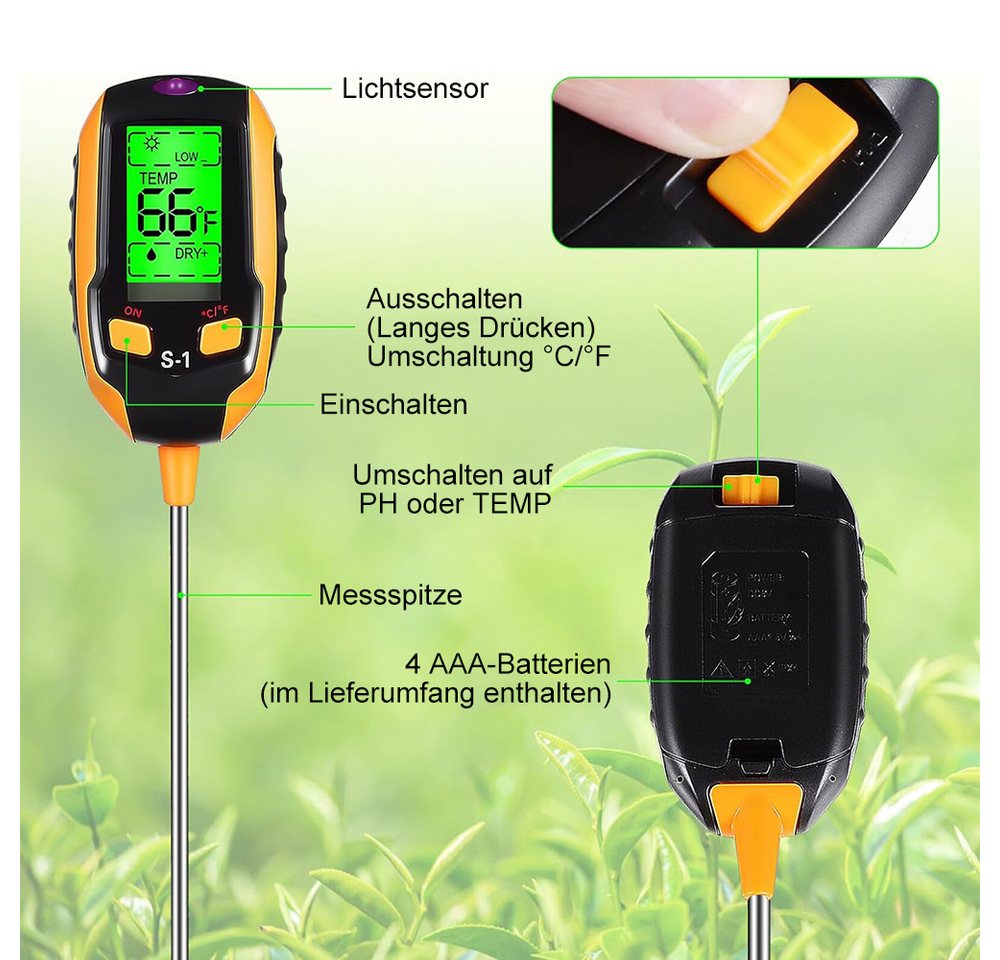 AFKSMILE Feuchtigkeitsmesser 4-in-1 Bodenmessgerät Digital, LCD Bodenfeuchtemessgerät, Bodentester für pH-Wert, Bodenfeuchtigkeit, Temperatur & Sonnenlicht Bild 5