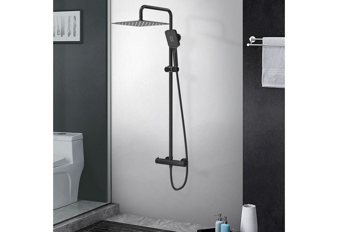 Rainsworth Duschsystem Thermostat, 3 Strahlarten, 25 cm Regendusche, 38 °C Sicherheitssperre, 3 Strahlart(en), komplett-set, 92-126 cm Duschstangen Edelstahl Duschamaturenset Wassersparend Bild 2