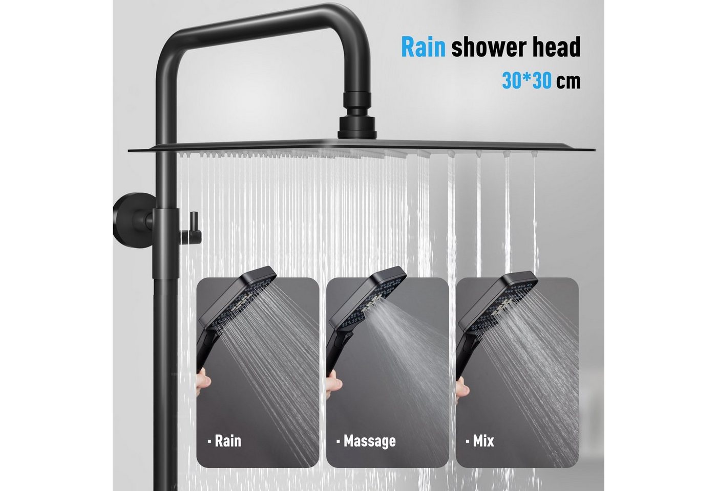 Rainsworth Duschsystem Thermostat, 3 Strahlarten, 25 cm Regendusche, 38 °C Sicherheitssperre, 3 Strahlart(en), komplett-set, 92-126 cm Duschstangen Edelstahl Duschamaturenset Wassersparend Bild 5