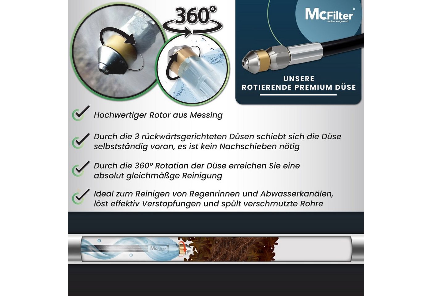 McFilter Hochdruckschlauch Rohrreinigungsschlauch, 30m, 200 bar, kompatibel mit Kärcher, (30 St), K2 K3 K4 K5 K6 K7, inkl. Tasche mit Adapter, Düsen starr + rotierend Bild 2