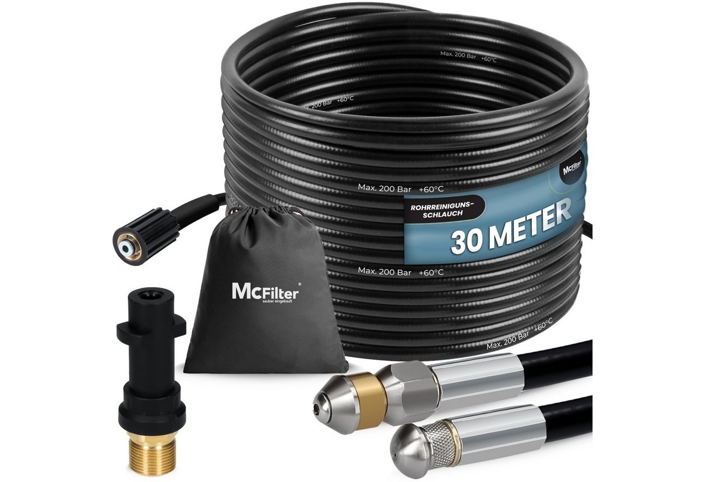 McFilter Hochdruckschlauch Rohrreinigungsschlauch, 30m, 200 bar, kompatibel mit Kärcher, (30 St), K2 K3 K4 K5 K6 K7, inkl. Tasche mit Adapter, Düsen starr + rotierend Bild 4