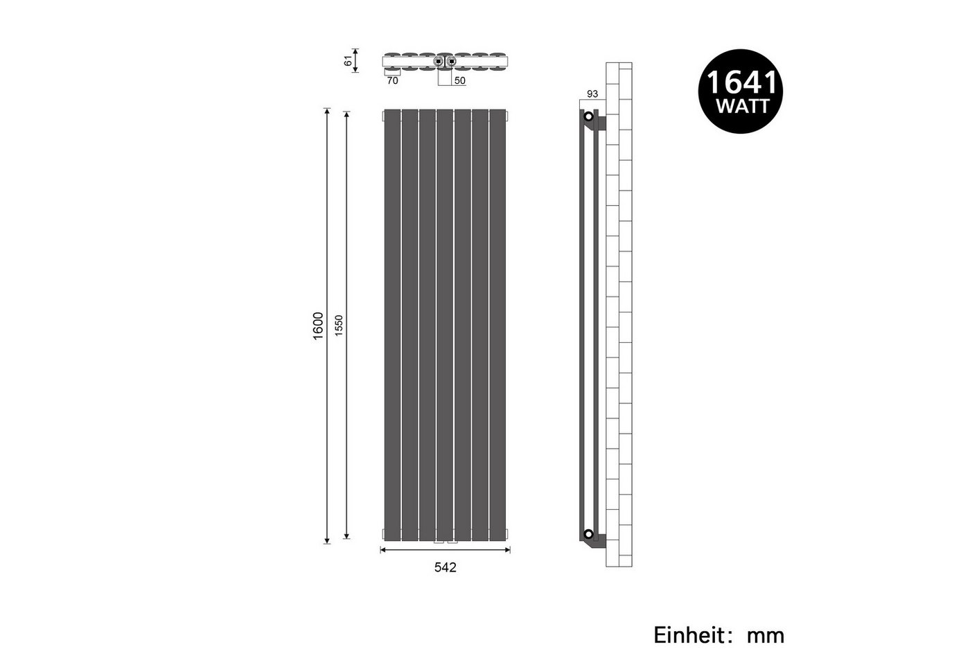 SONNI Designheizkörper Design Heizkörper Flach Anthrazit Doppellagig 1600x542mm Vertikal, Paneelheizkörper, Heizungsbereich 19~27m², Mittelanschuss Bild 4