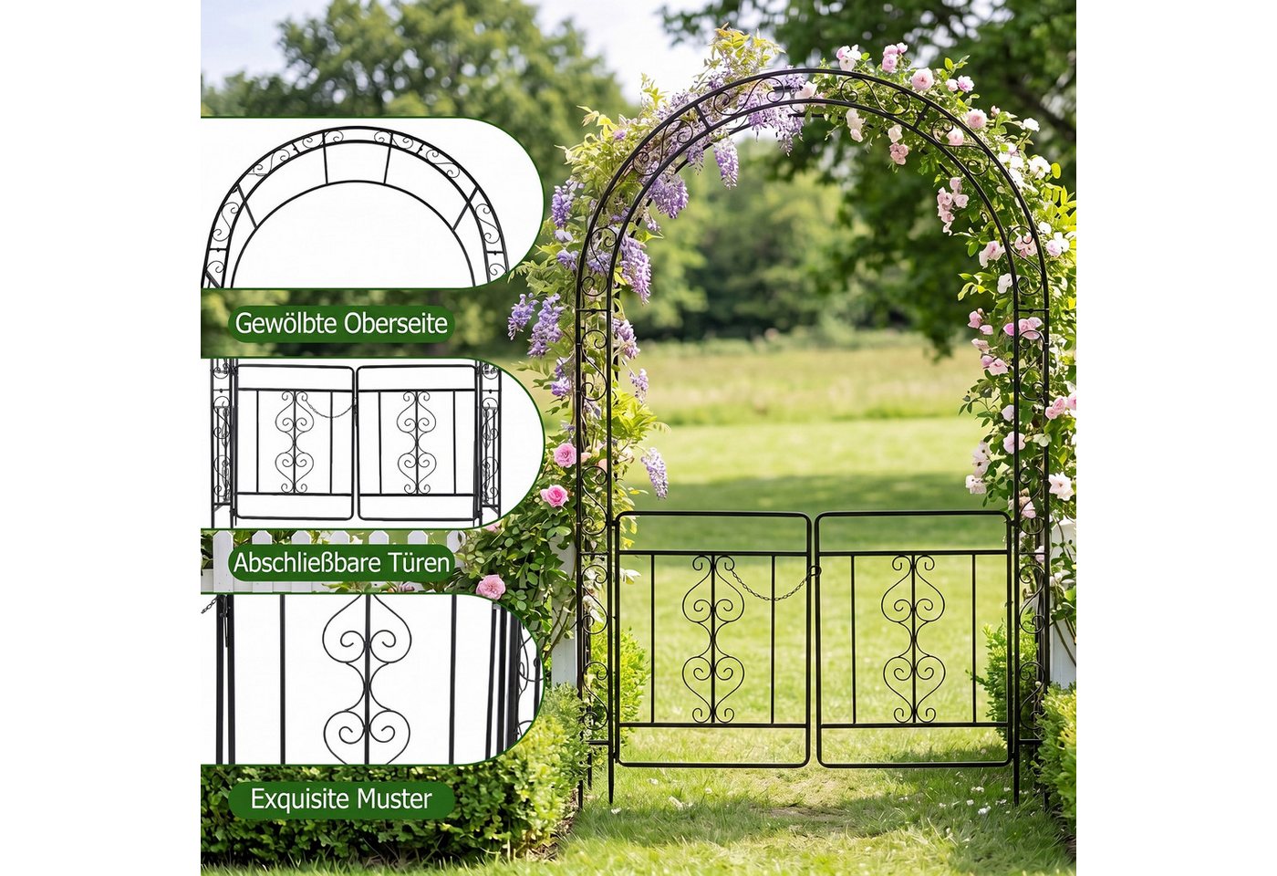COSTWAY Rosenbogen, Gartenbogen mit Tür aus Metall stabil, Rankbogen