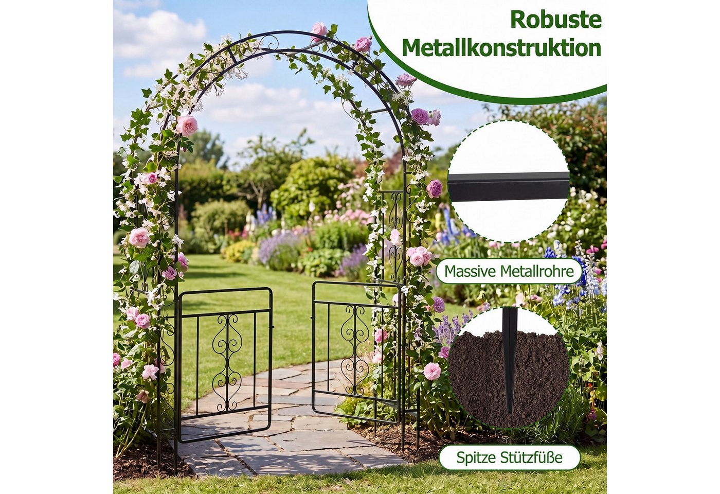 COSTWAY Rosenbogen, Gartenbogen mit Tür aus Metall stabil, Rankbogen Bild 2