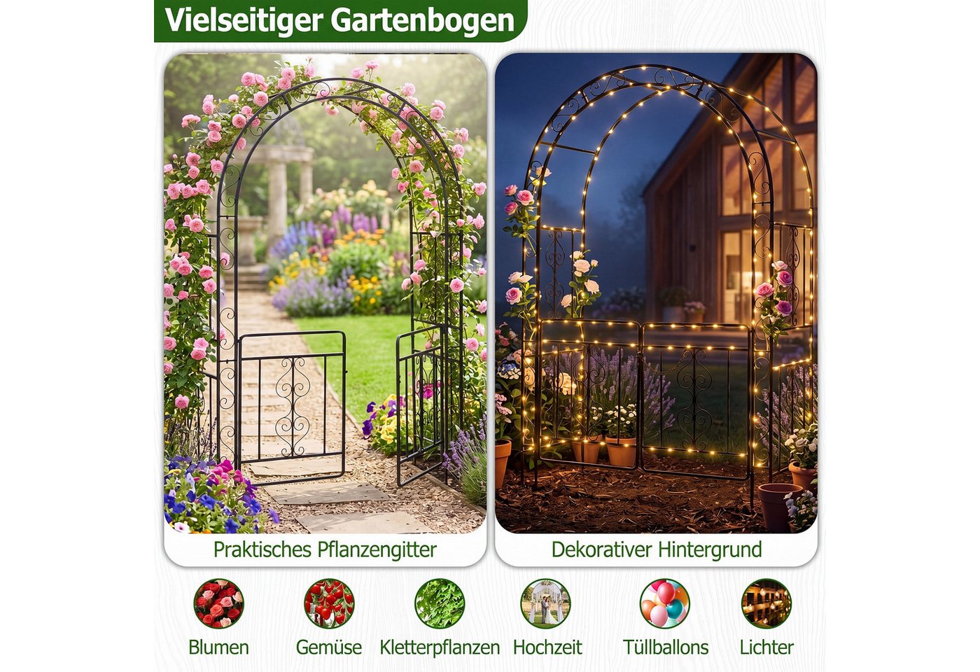 COSTWAY Rosenbogen, Gartenbogen mit Tür aus Metall stabil, Rankbogen Bild 3