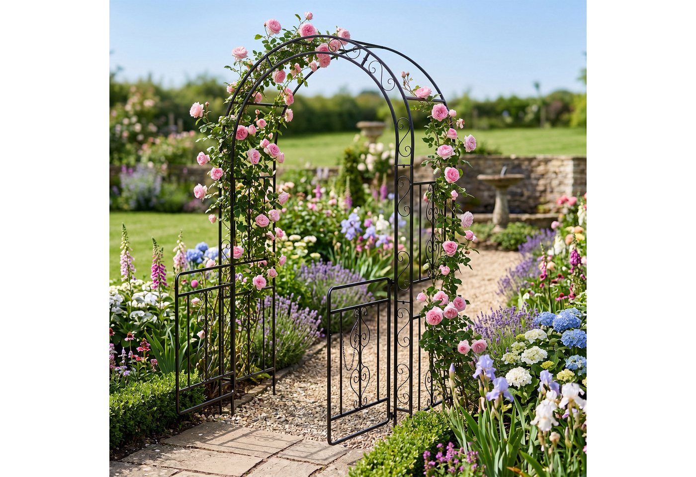 COSTWAY Rosenbogen, Gartenbogen mit Tür aus Metall stabil, Rankbogen Bild 4