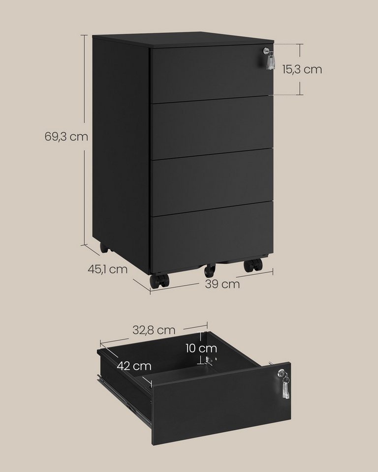 SONGMICS Rollcontainer Schubladenschrank, mobiler Aktenschrank, Metallschrank,abschließbar,4Schubladen,45,1 x 39 x 69,3cm,vormontiert