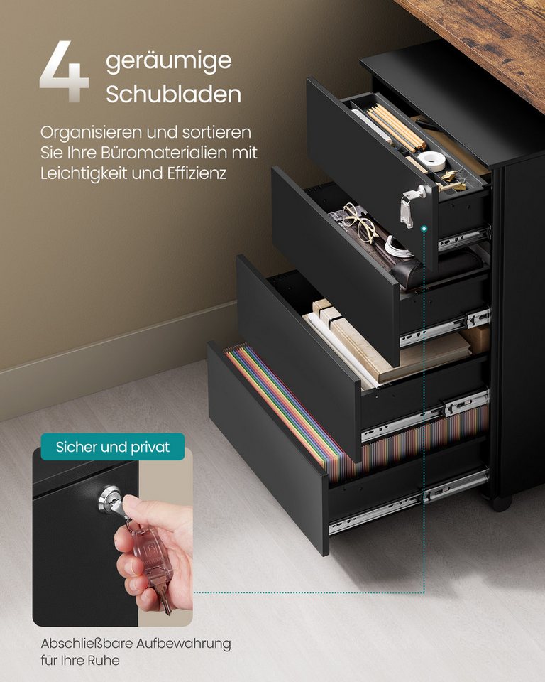 SONGMICS Rollcontainer Schubladenschrank, mobiler Aktenschrank, Metallschrank,abschließbar,4Schubladen,45,1 x 39 x 69,3cm,vormontiert Bild 2