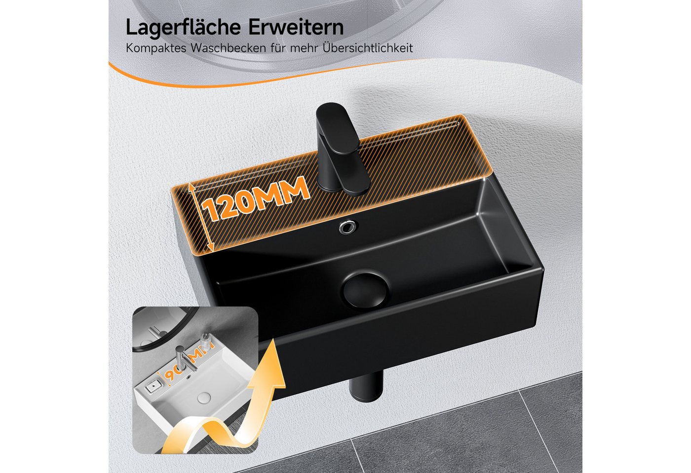 HOROW Waschbecken Aufsatzwaschbecken Keramik Weiß, Wandwaschbecken für Gäste-WC (Waschtisch, mit Hahnloch und Überlauf), einfache Reinigung, Einfache Installation,Kratzfest und langlebig