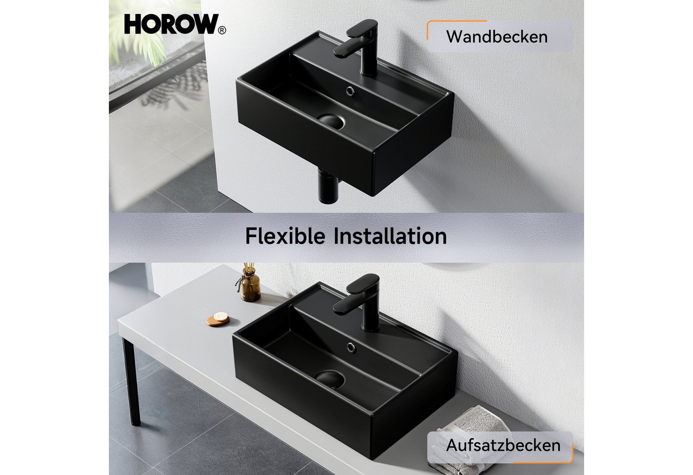 HOROW Waschbecken Aufsatzwaschbecken Keramik Weiß, Wandwaschbecken für Gäste-WC (Waschtisch, mit Hahnloch und Überlauf), einfache Reinigung, Einfache Installation,Kratzfest und langlebig Bild 2