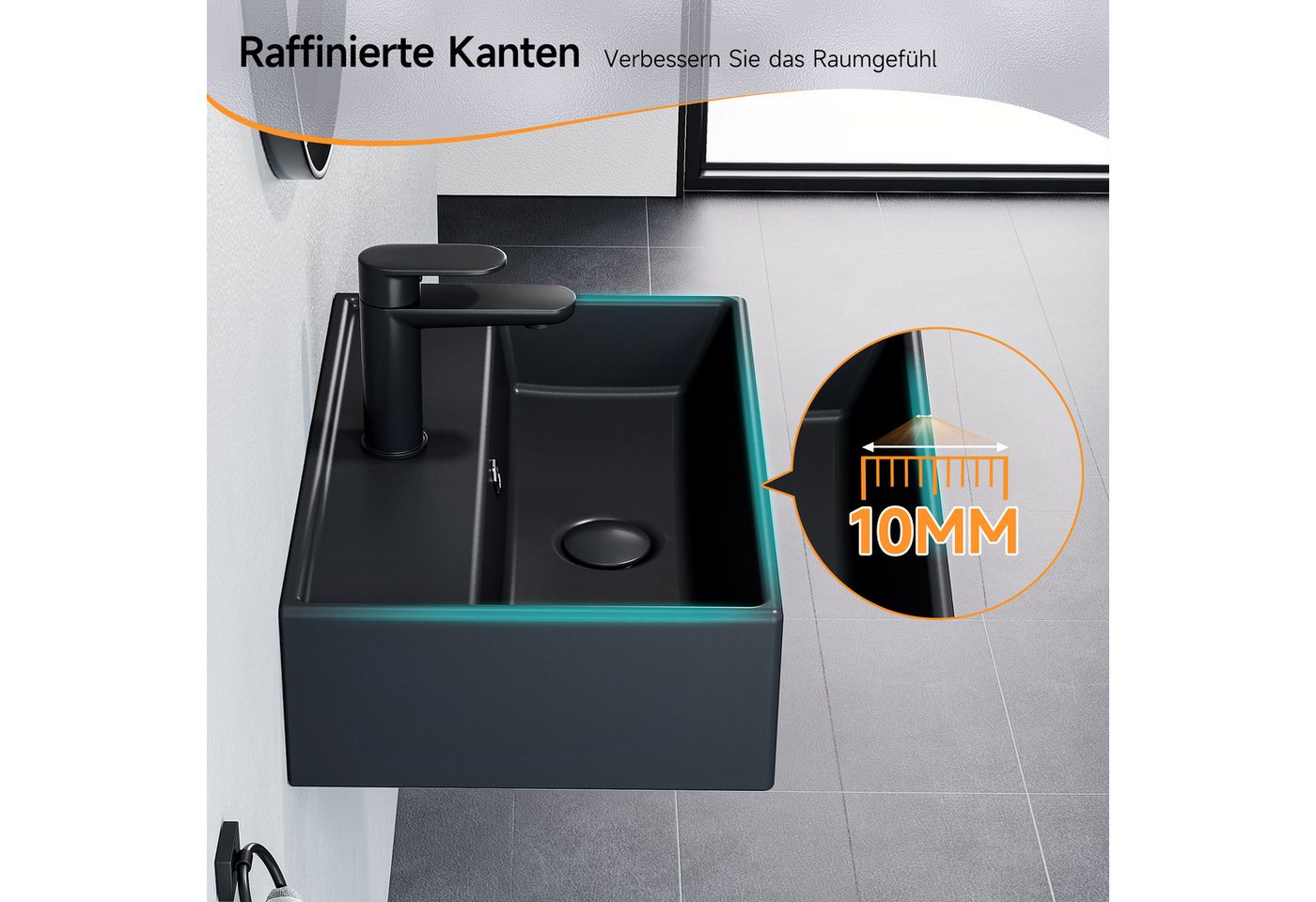 HOROW Waschbecken Aufsatzwaschbecken Keramik Weiß, Wandwaschbecken für Gäste-WC (Waschtisch, mit Hahnloch und Überlauf), einfache Reinigung, Einfache Installation,Kratzfest und langlebig Bild 5