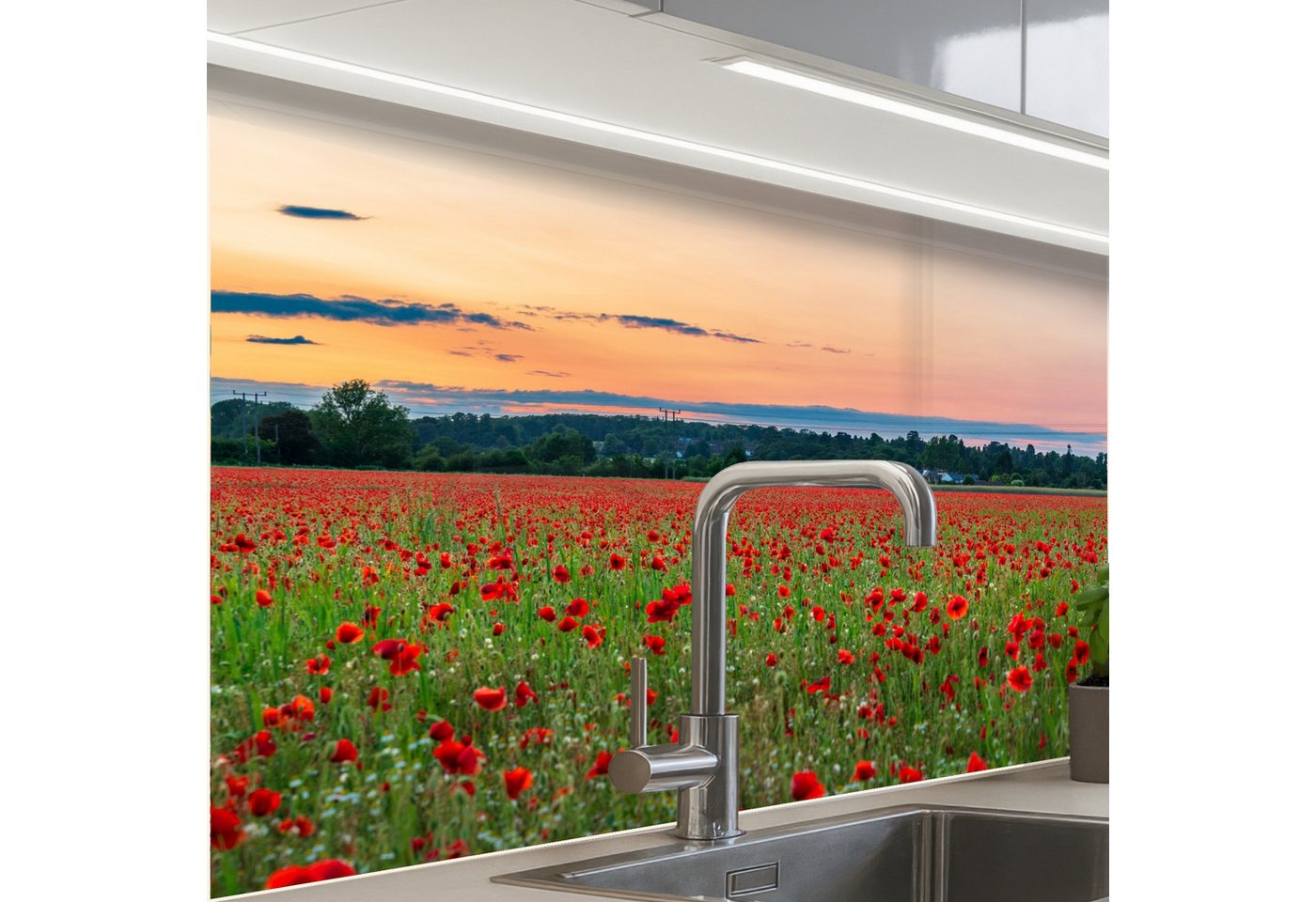 KitchenYeah Küchenrückwand Muster selbstklebend (keine Folie) Mohnblumen - Landschaft - Rot - Blu, (1-tlg), Spritzschutz, Küche, Rückwand, Küchenwand, Küchenfront, 30x20 cm Bild 2