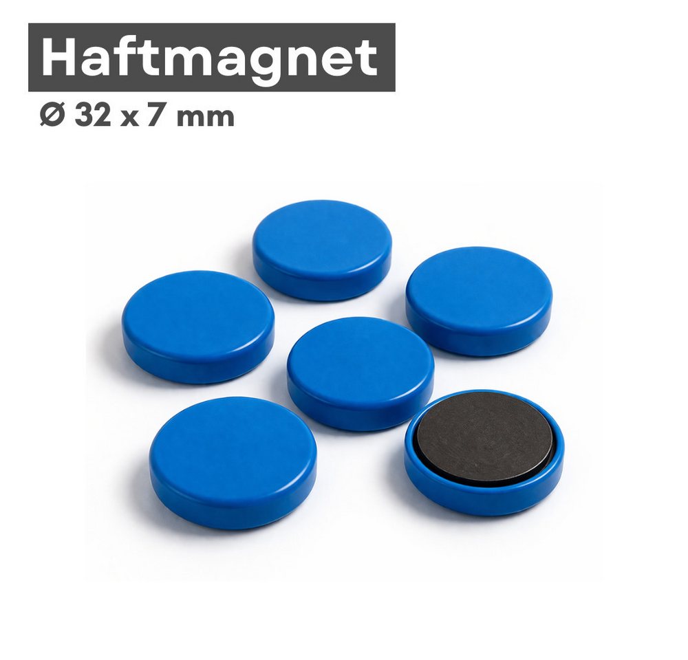 MaajeeKuto Magnet Haftmagnete Ø32x7 mm blau – starke Pinboard Magnete 6 Stück (1-St)