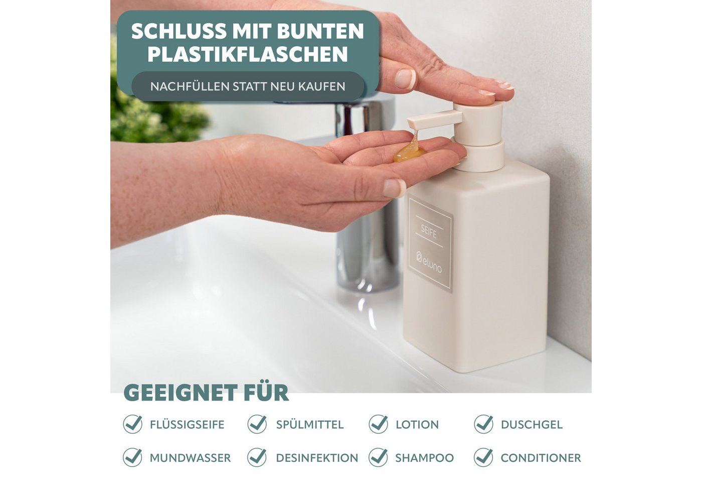 eluno Seifenspender 2er Set mit Soft-Touch Oberfläche, (2-tlg), inkl. wasserfeste Hinweisaufkleber