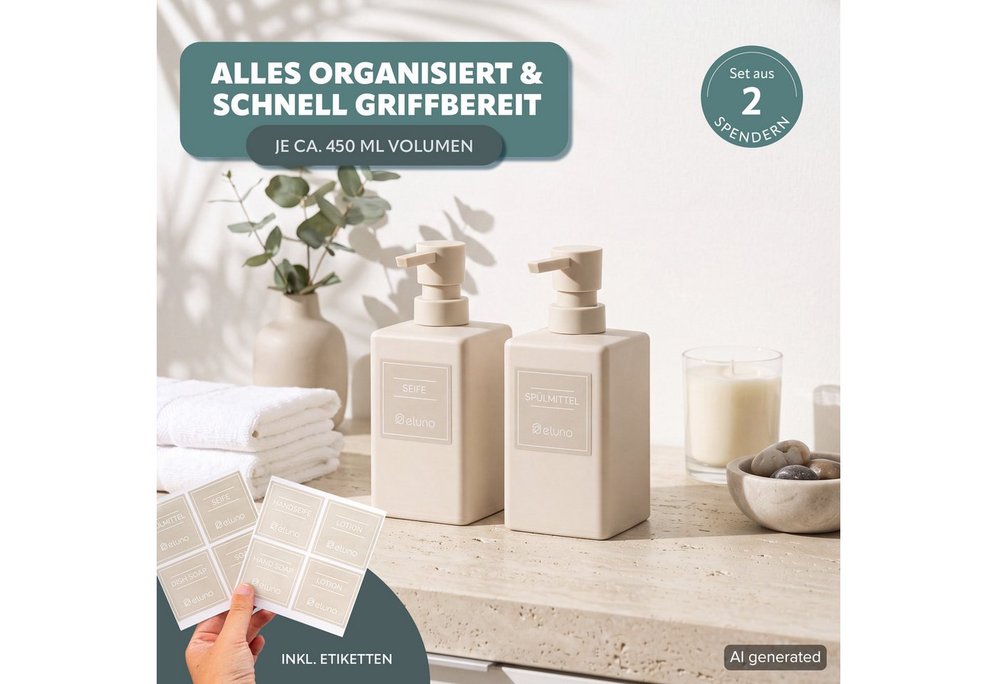 eluno Seifenspender 2er Set mit Soft-Touch Oberfläche, (2-tlg), inkl. wasserfeste Hinweisaufkleber Bild 3
