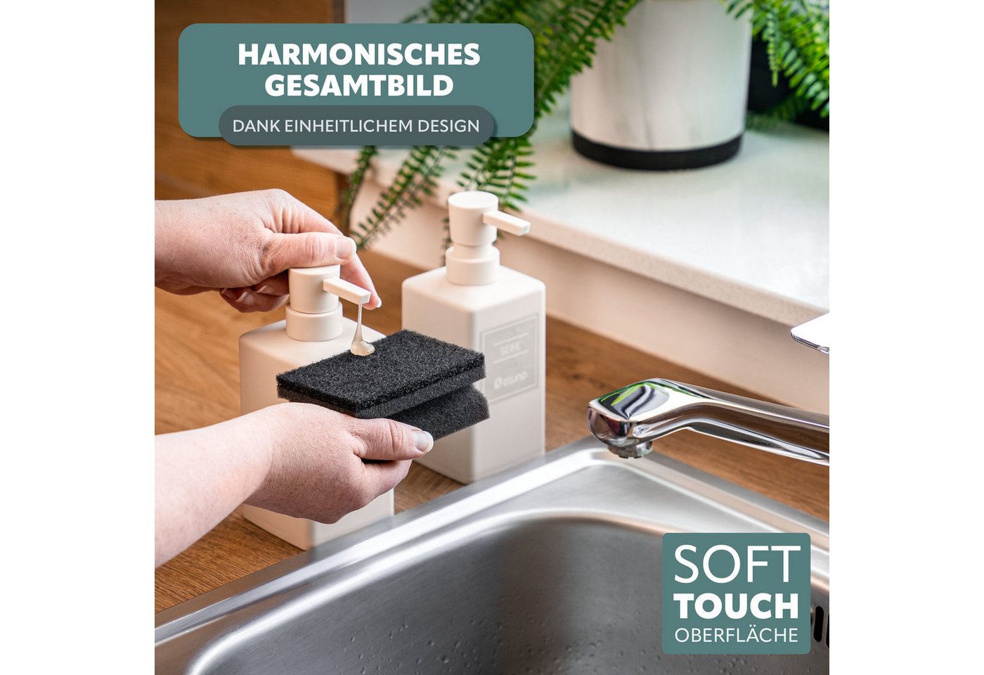 eluno Seifenspender 2er Set mit Soft-Touch Oberfläche, (2-tlg), inkl. wasserfeste Hinweisaufkleber Bild 4