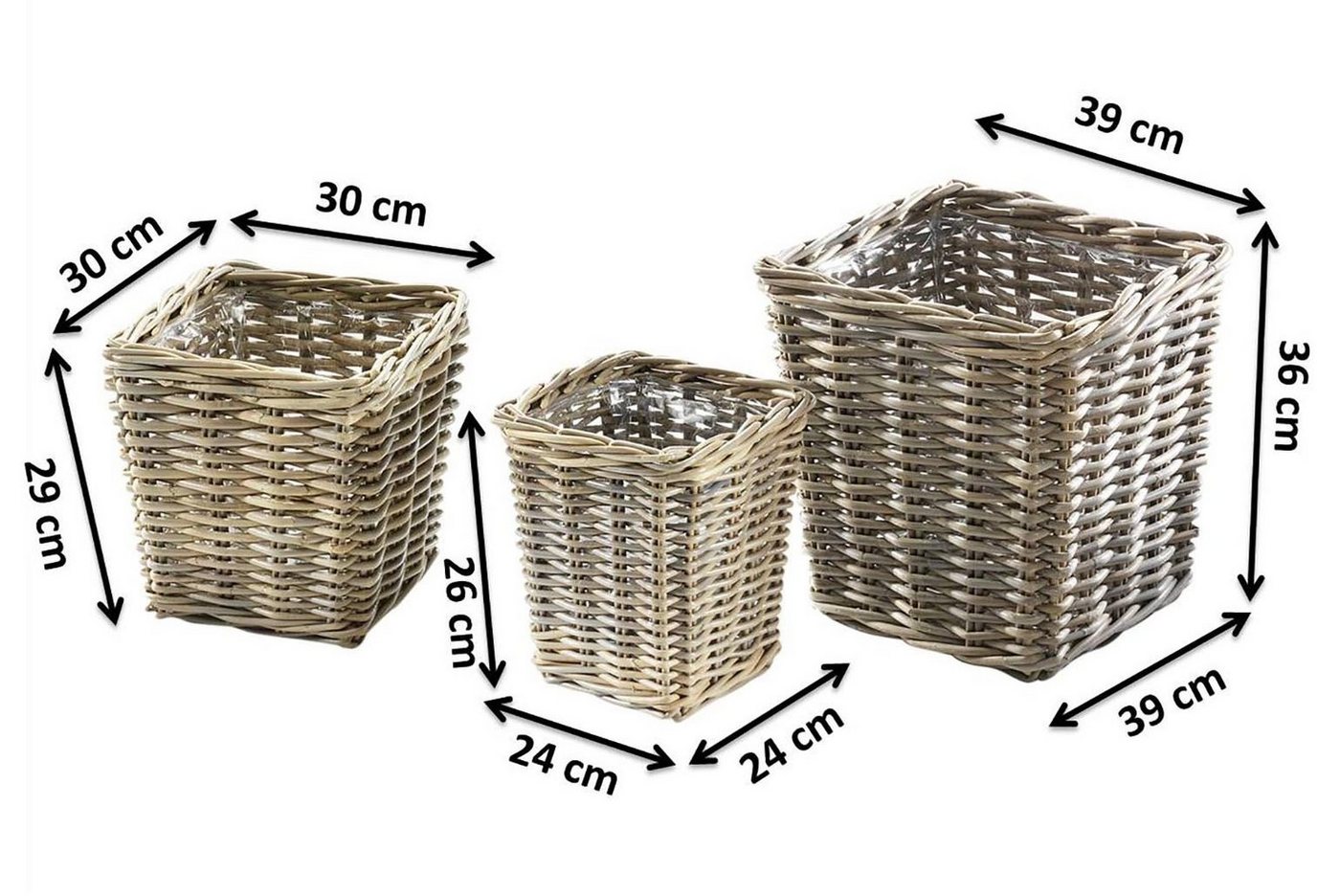 Kobolo Pflanzkübel Pflanzkorb Rattan grau eckig mit Folie 3-teilig (3 verschiedene Größen) Bild 4