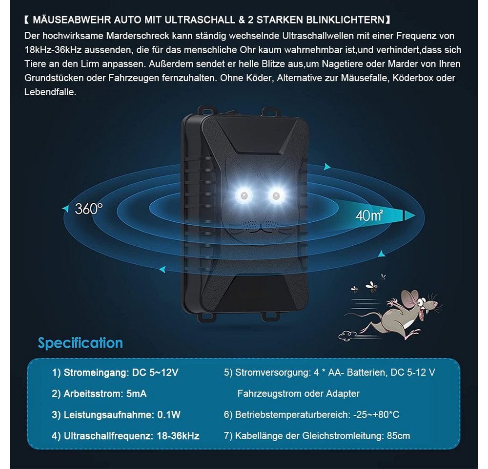 XERSEK Ultraschall-Tierabwehr DC 5-12V Ultraschall Marderschutz Auto Marderschreck Marderabwehr, 18-36kHz 0.1W Schwarz 2-tlg.