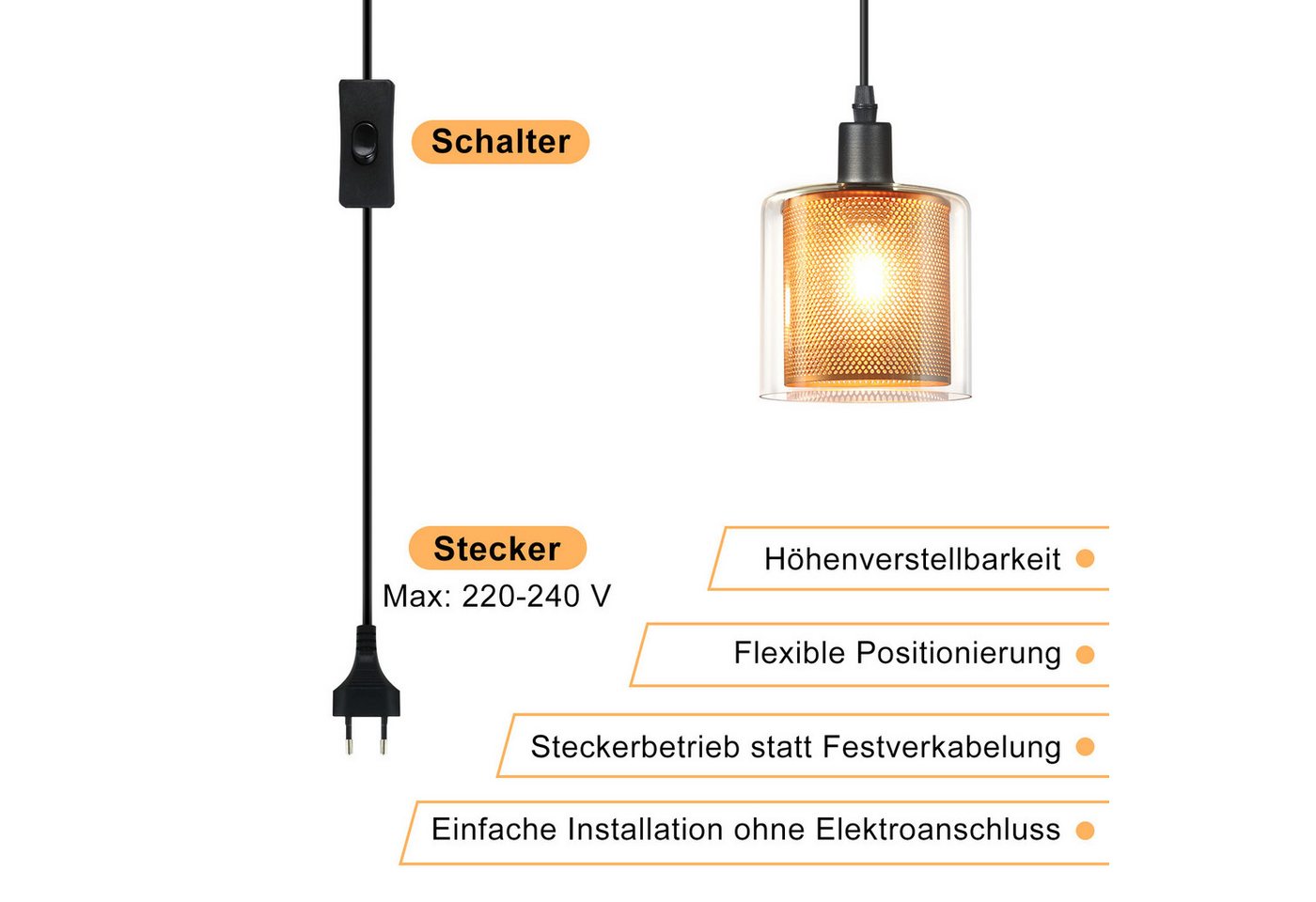 Nettlife Pendelleuchte Vintage Glas Gold E14 1 Flammig Esszimmer Hängelampe, mit Stecker und Schalter, ohne Leuchtmittel, Retro Esstisch Hängeleuchte für Wohnzimmer Küche