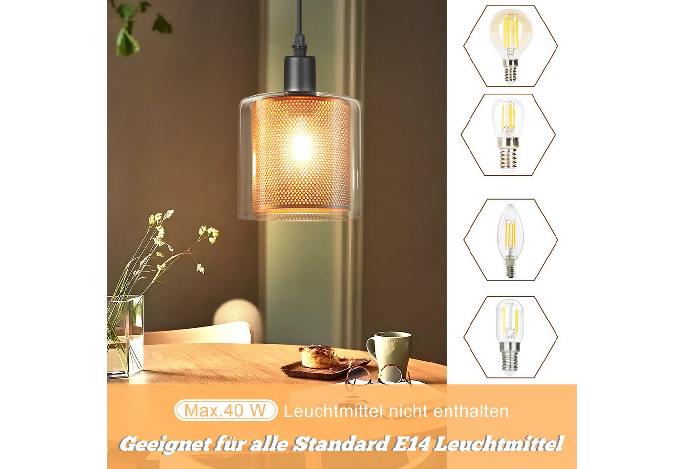Nettlife Pendelleuchte Vintage Glas Gold E14 1 Flammig Esszimmer Hängelampe, mit Stecker und Schalter, ohne Leuchtmittel, Retro Esstisch Hängeleuchte für Wohnzimmer Küche Bild 2