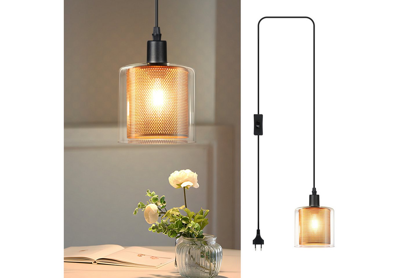 Nettlife Pendelleuchte Vintage Glas Gold E14 1 Flammig Esszimmer Hängelampe, mit Stecker und Schalter, ohne Leuchtmittel, Retro Esstisch Hängeleuchte für Wohnzimmer Küche Bild 4