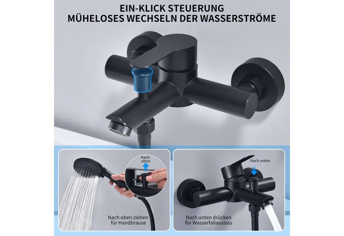 DESFAU Wannenarmatur Badewannenarmatur Set Schwarz mit 4-strahliger Handbrause,Edelstahl Badewannenarmatur Set Schwarz mit 4-strahliger Handbrause,Edelstahl Bild 3