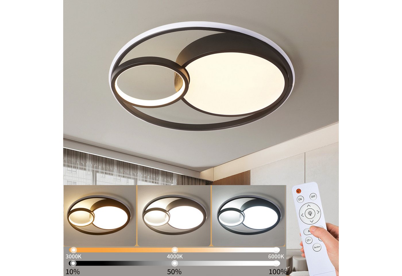 style home LED Deckenleuchte Modern Deckenlampe für Wohnzimmer Schlafzimmer, 55W-Dimmabr 3000-6000K, LED fest integriert, warmweiß bis kaltweiß dimmbar mit Fernbedienung, Runde Lampe aus Metall, 55W Ø50x8,5cm, Schwarz Bild 2
