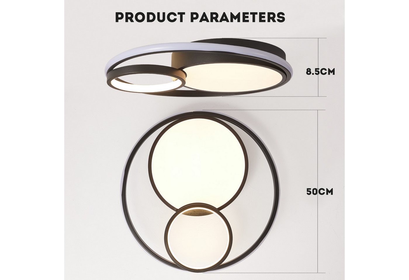 style home LED Deckenleuchte Modern Deckenlampe für Wohnzimmer Schlafzimmer, 55W-Dimmabr 3000-6000K, LED fest integriert, warmweiß bis kaltweiß dimmbar mit Fernbedienung, Runde Lampe aus Metall, 55W Ø50x8,5cm, Schwarz Bild 3