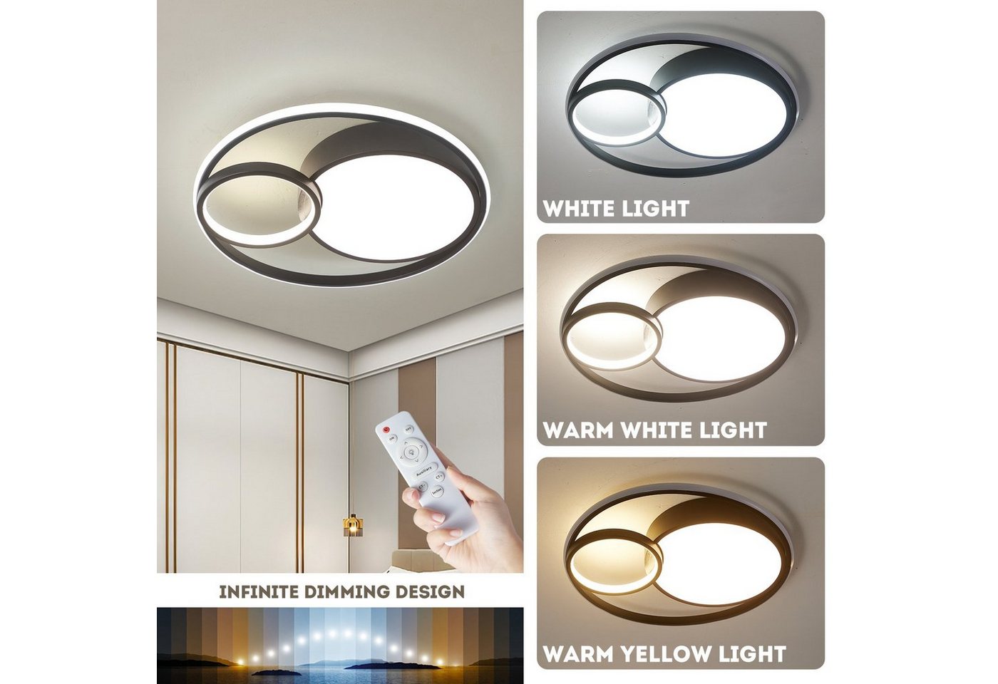 style home LED Deckenleuchte Modern Deckenlampe für Wohnzimmer Schlafzimmer, 55W-Dimmabr 3000-6000K, LED fest integriert, warmweiß bis kaltweiß dimmbar mit Fernbedienung, Runde Lampe aus Metall, 55W Ø50x8,5cm, Schwarz Bild 4