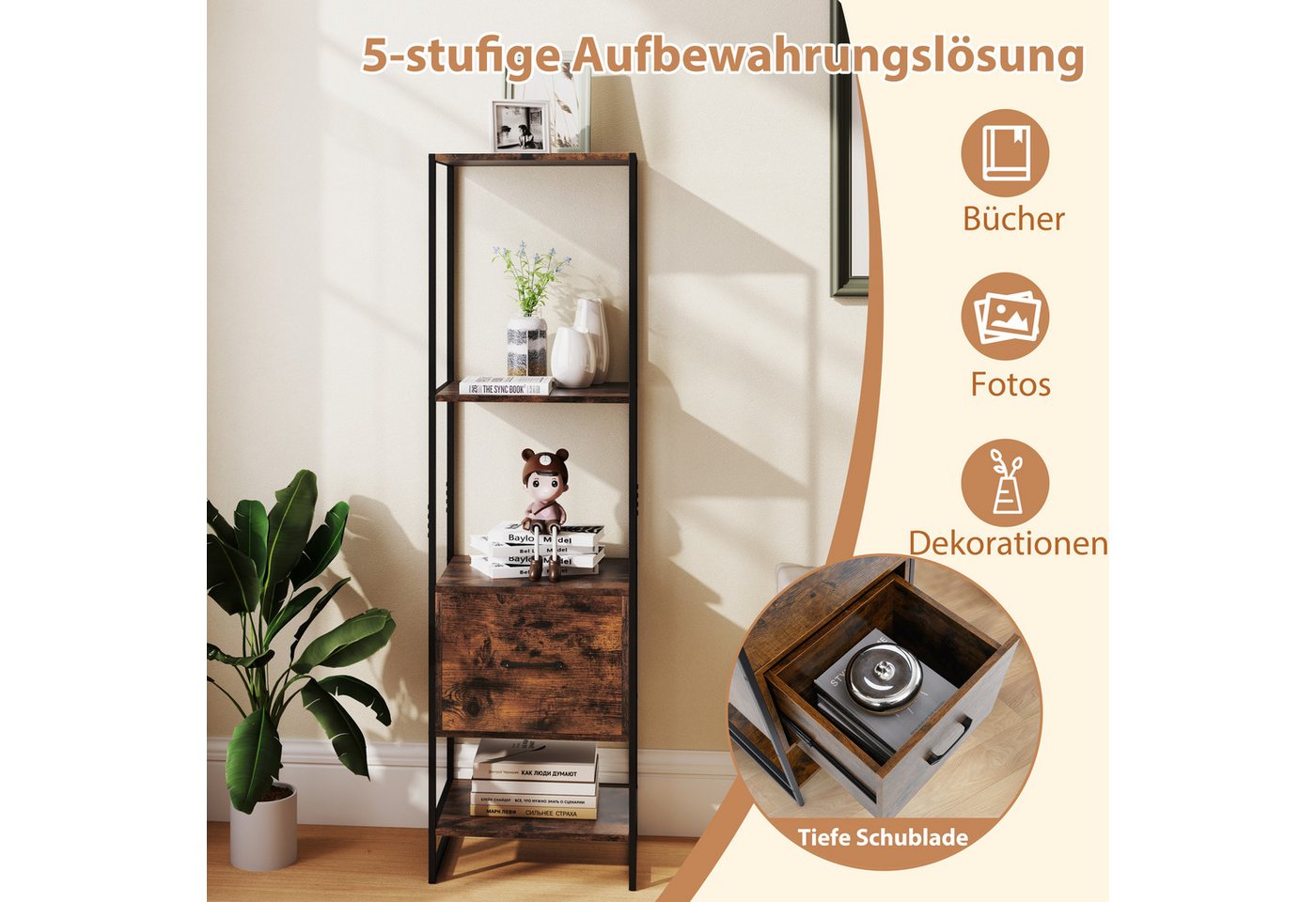 COSTWAY Bücherregal, mit Schublade, offenen Regalen, Standregal Metallrahmen