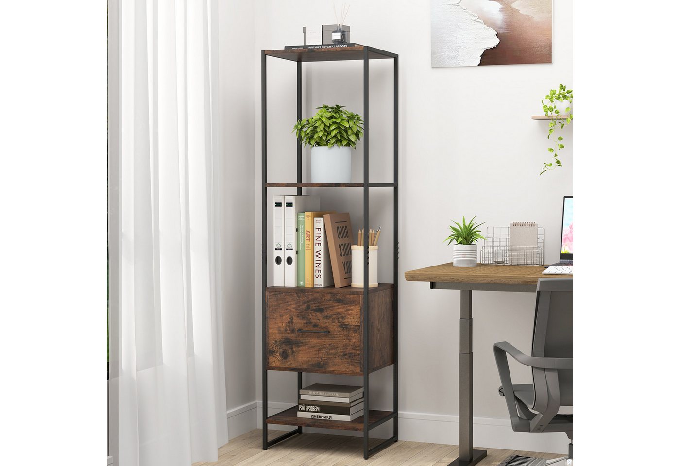 COSTWAY Bücherregal, mit Schublade, offenen Regalen, Standregal Metallrahmen Bild 2