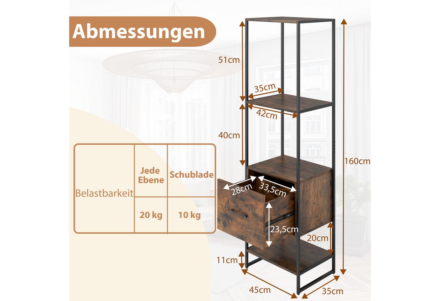 COSTWAY Bücherregal, mit Schublade, offenen Regalen, Standregal Metallrahmen Bild 3