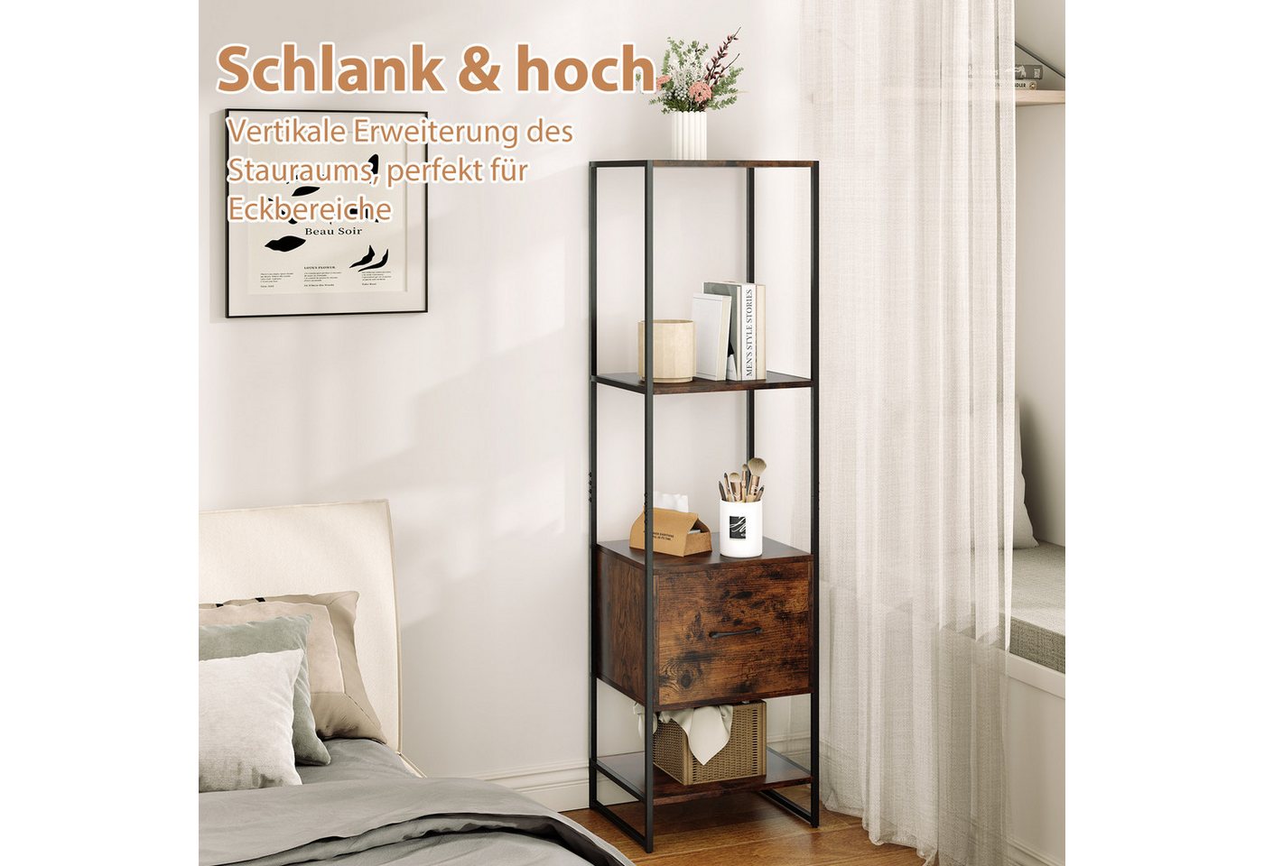 COSTWAY Bücherregal, mit Schublade, offenen Regalen, Standregal Metallrahmen Bild 5