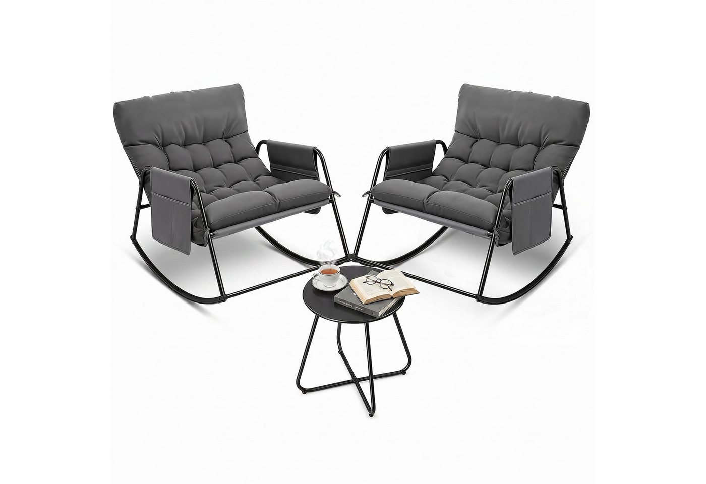 VINGLI Balkonset Balkonmöbel Set 3 teilig, Schaukelstühlen und Tisch, Grau/ Weiß Bild 4