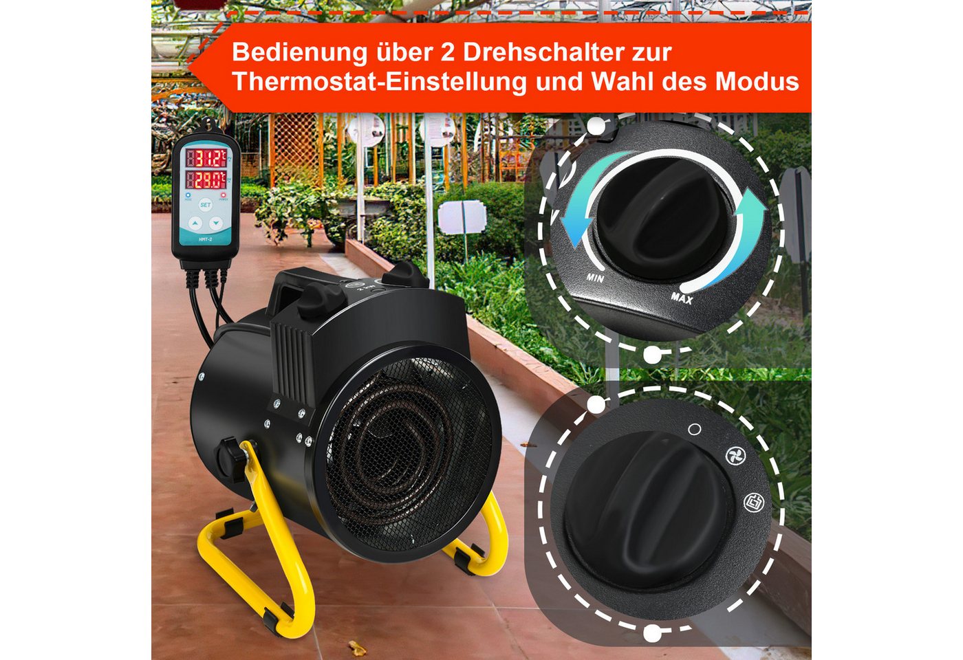 Clanmacy Keramikheizlüfter Gewächshausheizung 2KW IPX4 mit Thermostat Digital Elektro Heizlüfter Bild 5