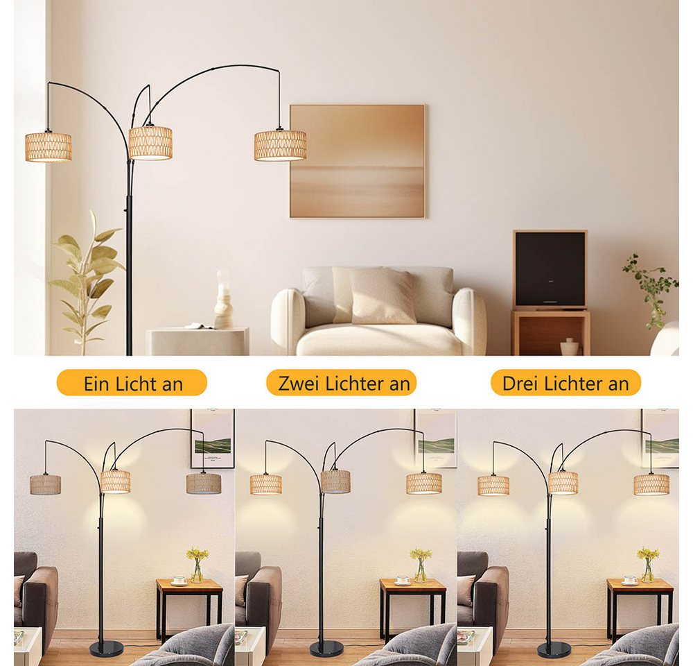 LMaxhome LED Stehlampe Boho Stehleuchte Rattan Drehknopfschalter Steh-Ecklampe 180CM, Doppelter Lampenschirm, LED fest integriert, Warmweißes Licht, mit 3 LED-Glühbirne Vintage Leselampe für Büro Schlafzimmer Wohnzimmer Bild 2