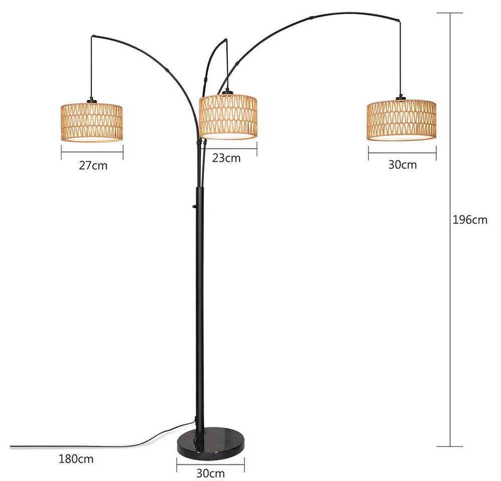 LMaxhome LED Stehlampe Boho Stehleuchte Rattan Drehknopfschalter Steh-Ecklampe 180CM, Doppelter Lampenschirm, LED fest integriert, Warmweißes Licht, mit 3 LED-Glühbirne Vintage Leselampe für Büro Schlafzimmer Wohnzimmer Bild 3