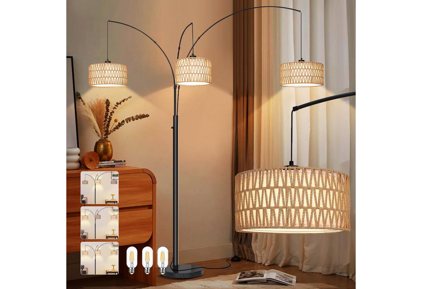 LMaxhome LED Stehlampe Boho Stehleuchte Rattan Drehknopfschalter Steh-Ecklampe 180CM, Doppelter Lampenschirm, LED fest integriert, Warmweißes Licht, mit 3 LED-Glühbirne Vintage Leselampe für Büro Schlafzimmer Wohnzimmer Bild 5