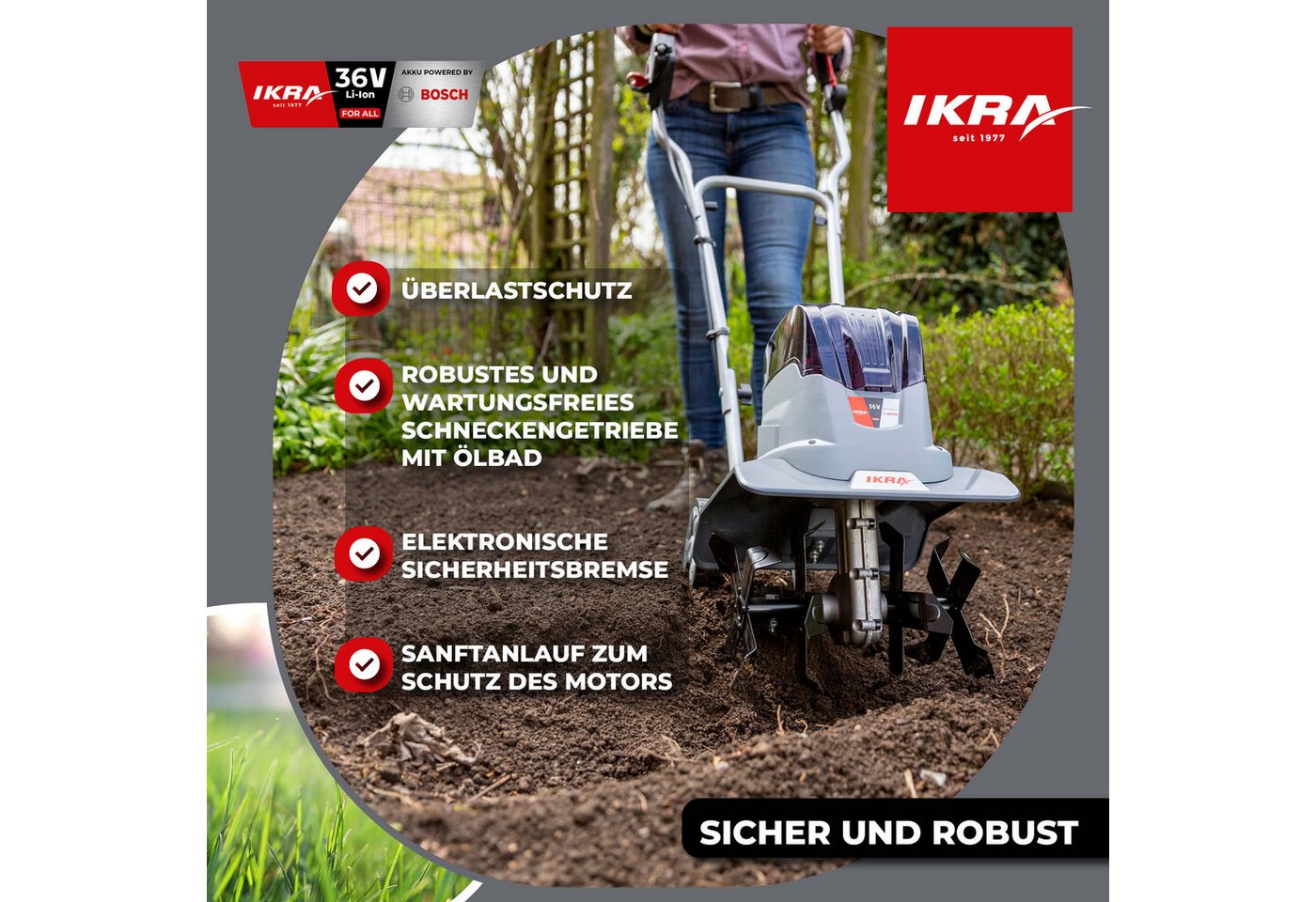 ikra GmbH Akku-Motorhacke IB-TC 36, 30 cm Arbeitsbreite, ohne Akku & Ladegerät, kompatibel mit BOSCH 36V Bild 2