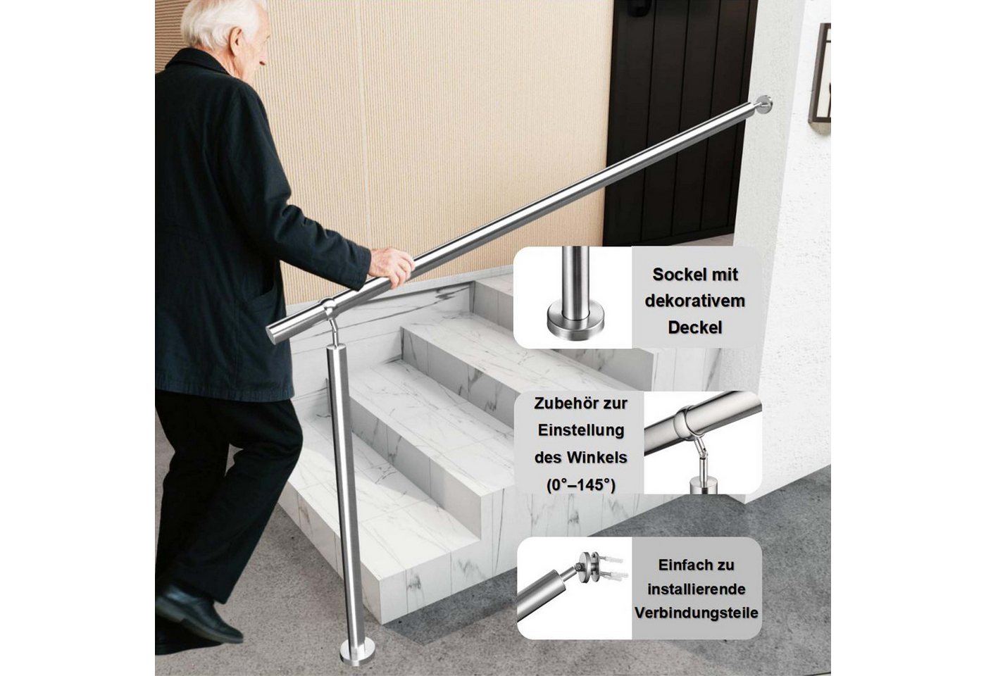 Duschparadies Handlauf Eingangsgeländer 150 cm, Geländer Edelstahl Handlauf, Treppengeländer, 120 cm Gesamtlänge, (Packung), Edelstahl, Silber/Schwarz, Länge: 100/120/150 cm, innen und außen Bild 3