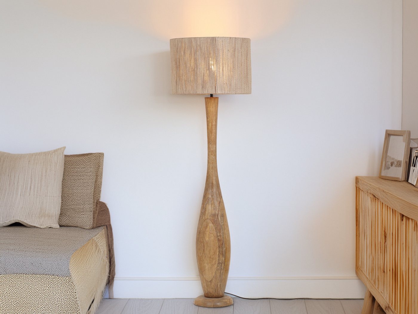 TRIO Leuchten LED Stehlampe, Dimmfunktion, LED wechselbar, warmweiß, besondere Boho Holz-lampe stehend Lampenschirm geflochten, Höhe 135cm Bild 2