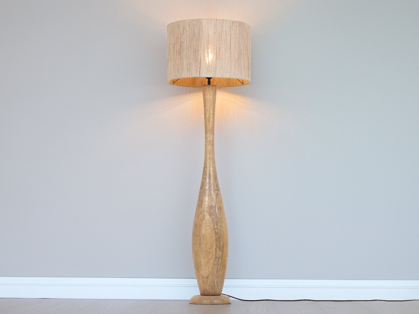 TRIO Leuchten LED Stehlampe, Dimmfunktion, LED wechselbar, warmweiß, besondere Boho Holz-lampe stehend Lampenschirm geflochten, Höhe 135cm Bild 4