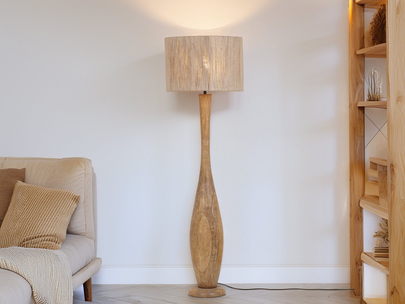 TRIO Leuchten LED Stehlampe, Dimmfunktion, LED wechselbar, warmweiß, besondere Boho Holz-lampe stehend Lampenschirm geflochten, Höhe 135cm Bild 5